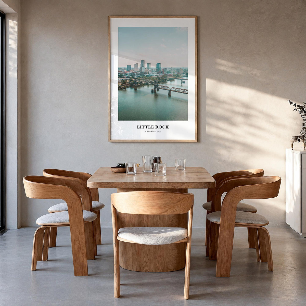 Little Rock colorful classic poster of Arkansas, USA – vertical wall art in natural wood frame, hanging on wall