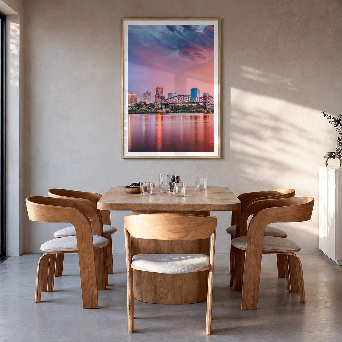 Little Rock colorful photo poster of Arkansas, USA – vertical wall art in natural wood frame with white border, hanging on wa
