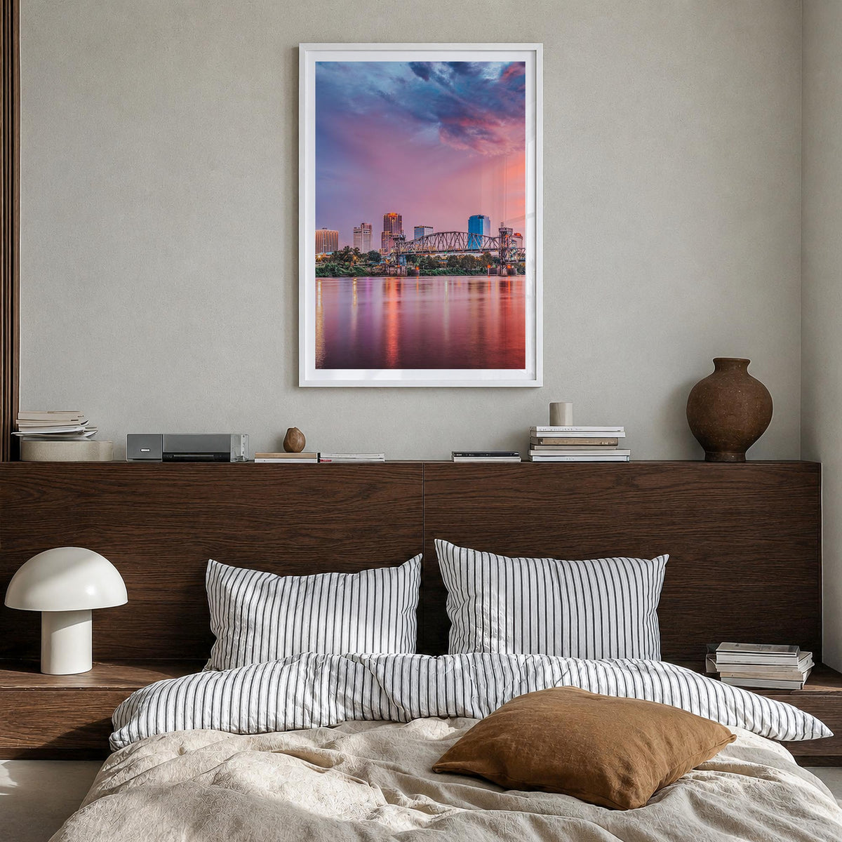 Little Rock colorful photo poster of Arkansas, USA – vertical wall art in white wood frame with white border, hanging on wall