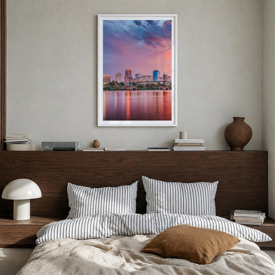 Little Rock colorful photo poster of Arkansas, USA – vertical wall art in white wood frame with white border, hanging on wall
