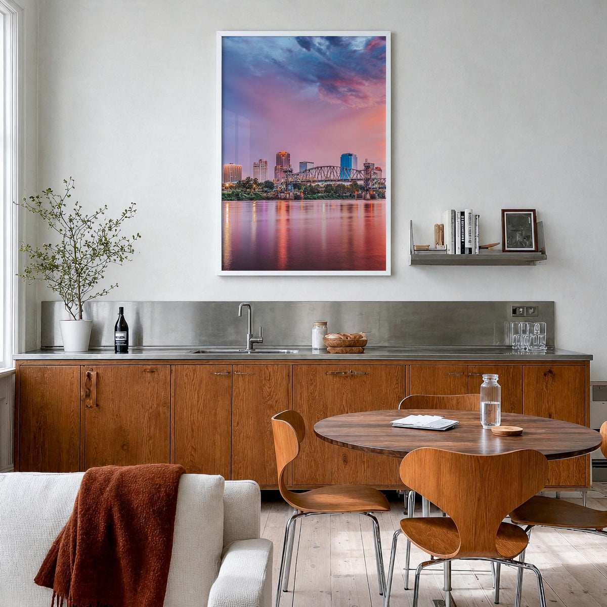 Little Rock colorful photo poster of Arkansas, USA – vertical wall art in white wood frame, hanging on wall