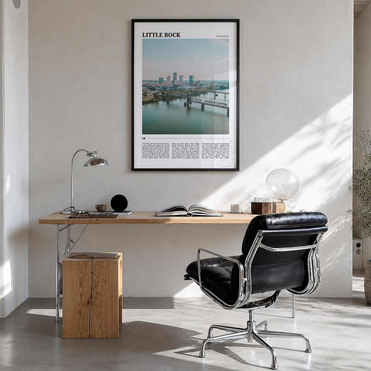 Little Rock colorful travel poster of Arkansas, USA – vertical wall art in black wood frame, hanging on wall