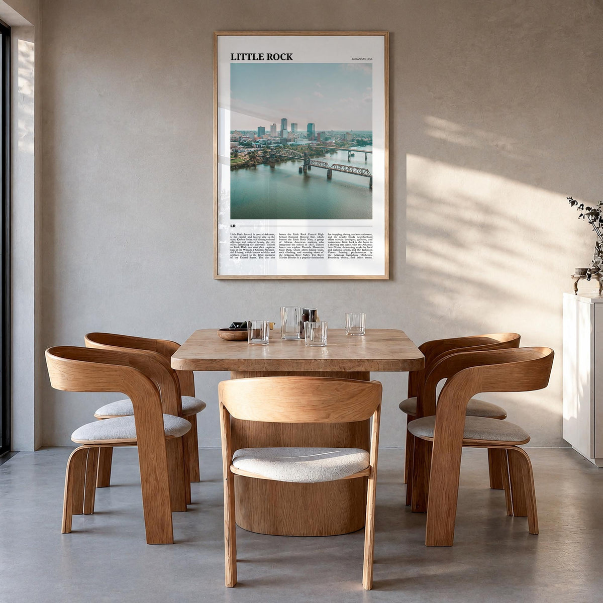 Little Rock colorful travel poster of Arkansas, USA – vertical wall art in natural wood frame, hanging on wall