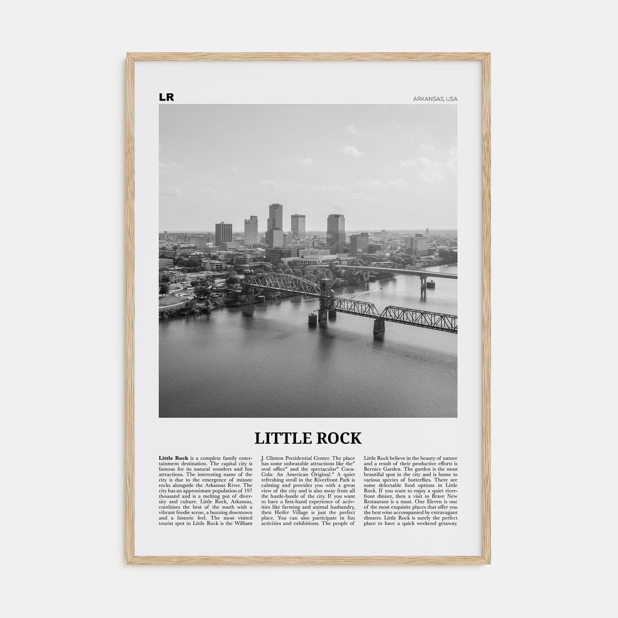 Little Rock Poster Natural Wood / 8x12 in Nbourhood Travel B&W Poster