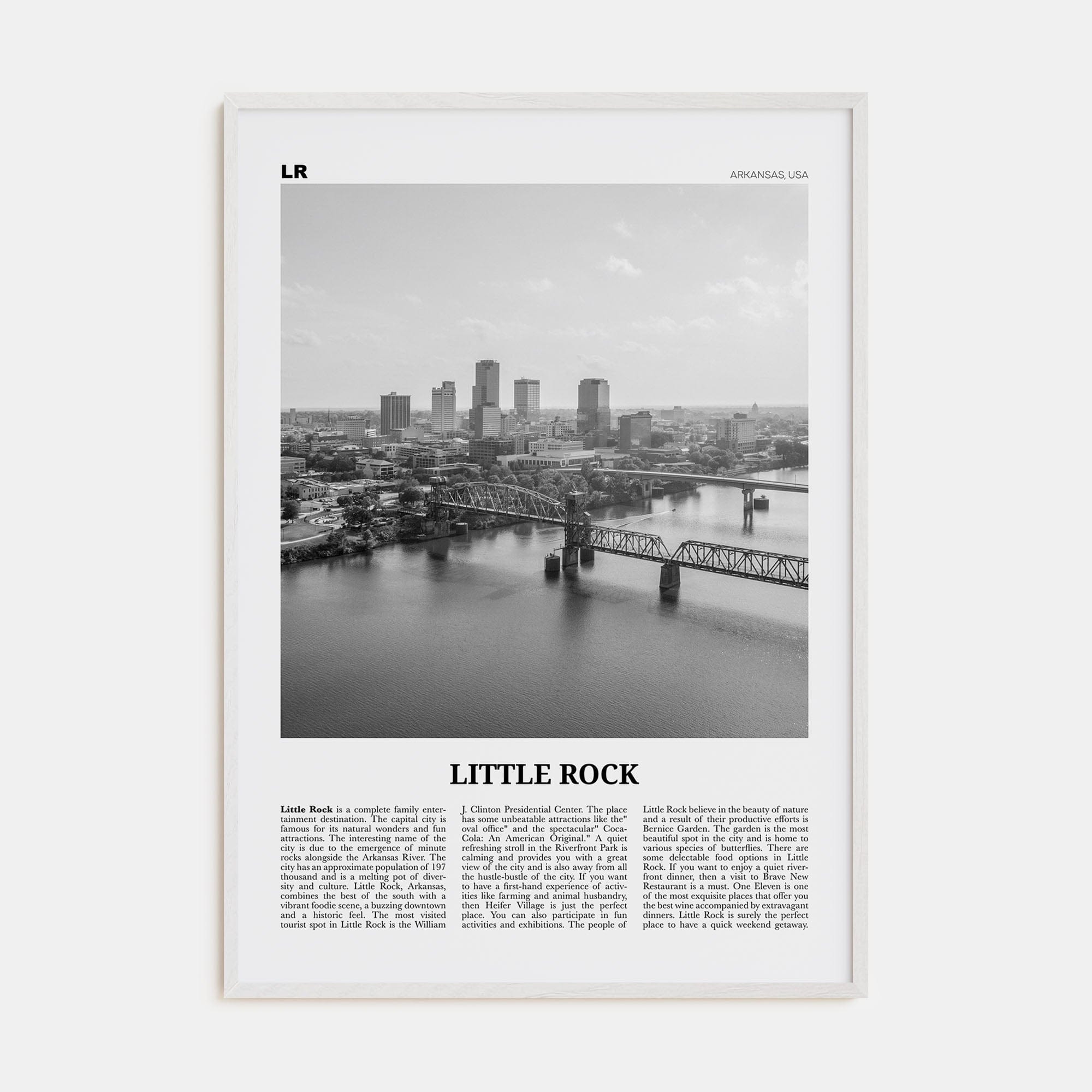 Little Rock Poster White Wood / 8x12 in Nbourhood Travel B&W Poster