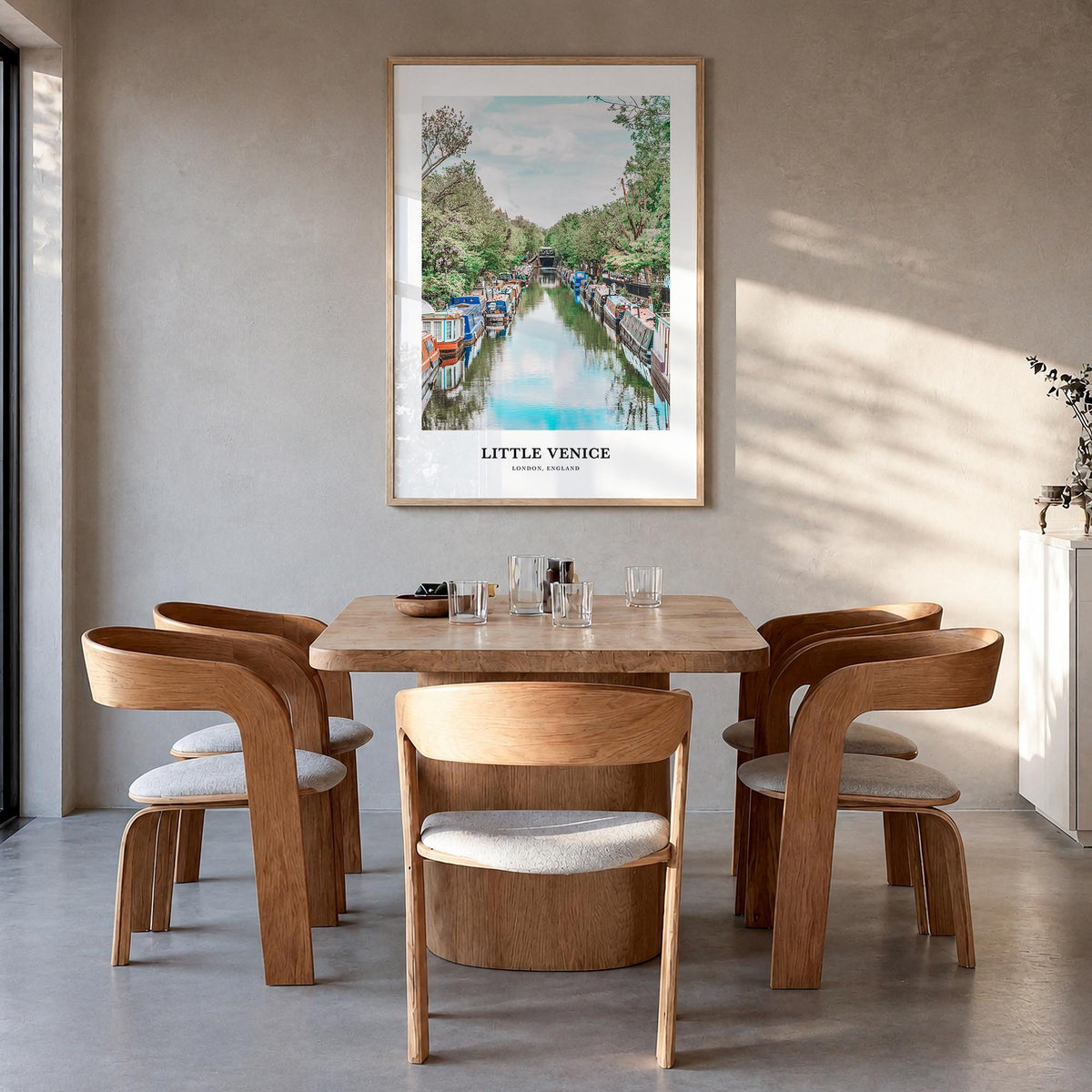 Little Venice, London colorful classic poster of United Kingdom – vertical wall art in natural wood frame, hanging on wall