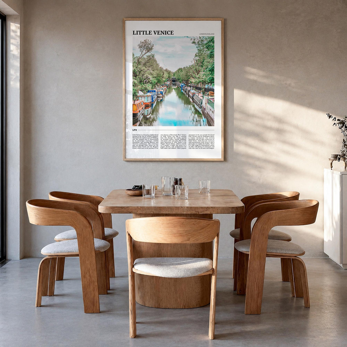 Little Venice, London colorful travel poster of United Kingdom – vertical wall art in natural wood frame, hanging on wall