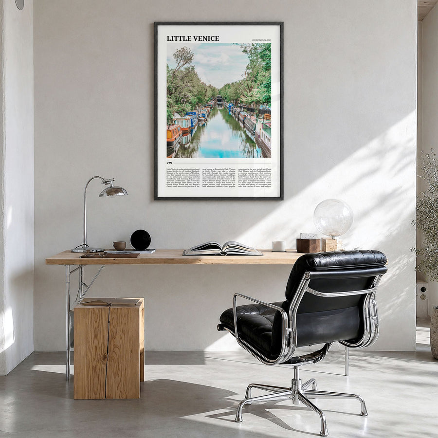 Little Venice, London Travel Poster in a black wood frame, hanging in a bright home office