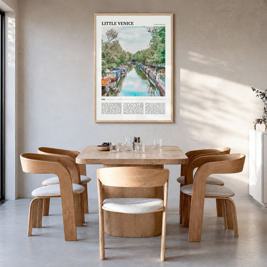 Little Venice, London Travel Poster in a natural wood frame, hanging in a dining room