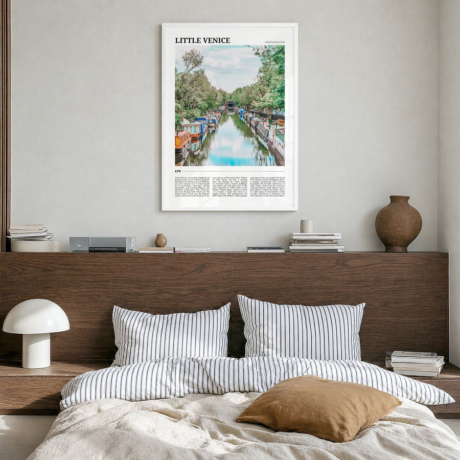 Little Venice, London Travel Poster in a white wood frame, hanging in a bedroom