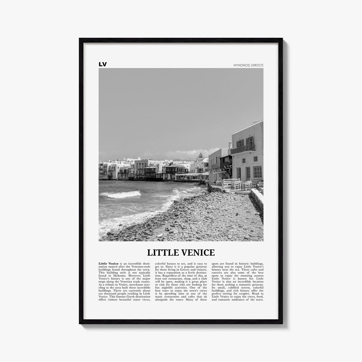Little Venice, Mykonos black & white newspaper poster of Greece – vertical wall art, unframed print shown in interior mockup