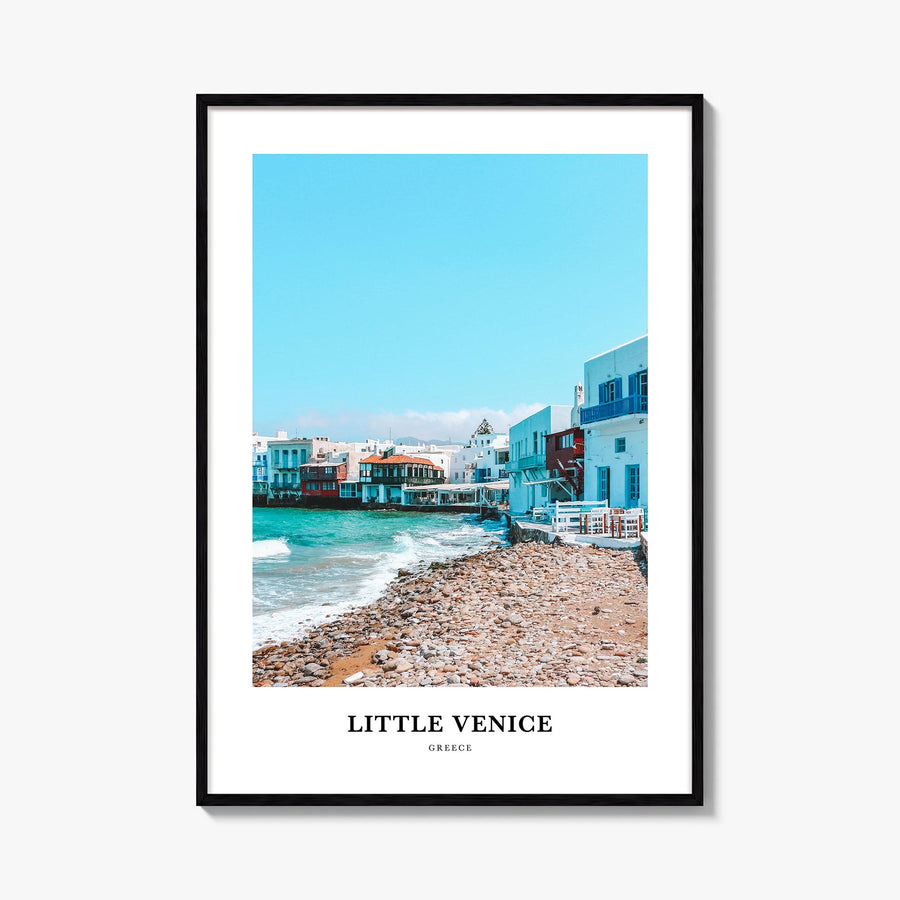 Little Venice, Mykonos colorful classic poster of Greece – vertical wall art, unframed print shown in interior mockup