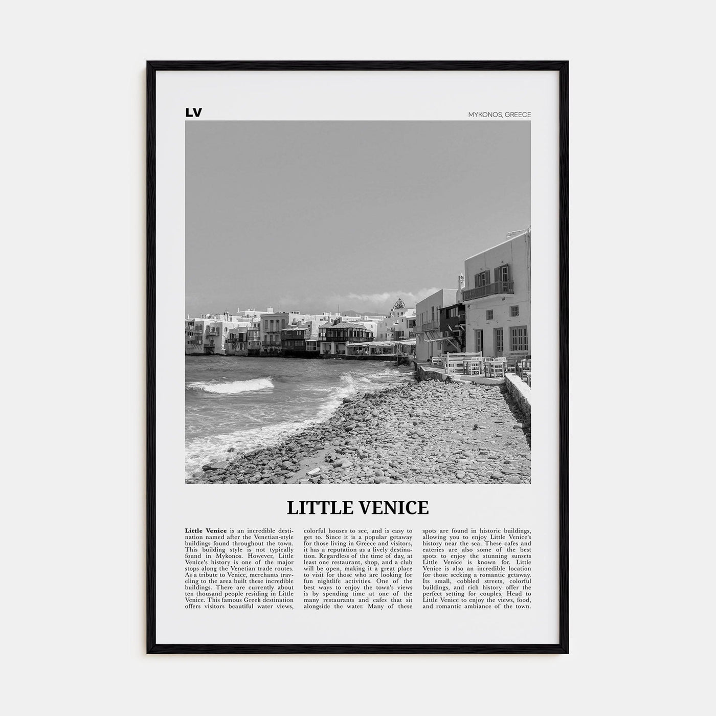 Little Venice, Mykonos Poster Black Wood / 8x12 in Nbourhood Travel B&W Poster