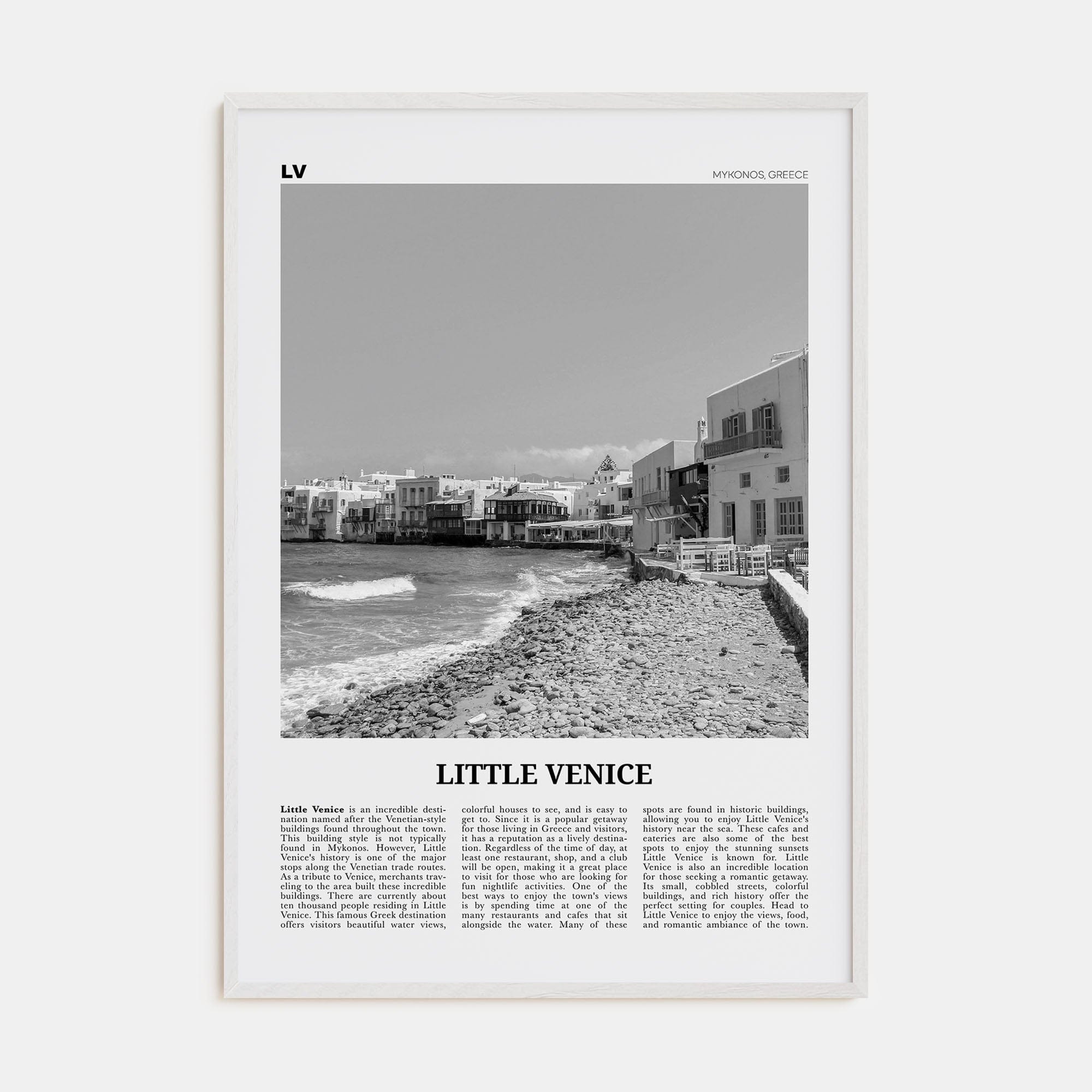 Little Venice, Mykonos Poster White Wood / 8x12 in Nbourhood Travel B&W Poster