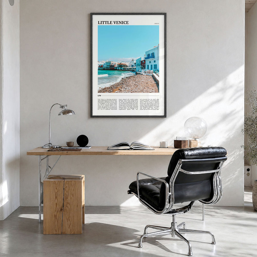 Little Venice, Mykonos Travel Poster in a black wood frame, hanging in a bright home office