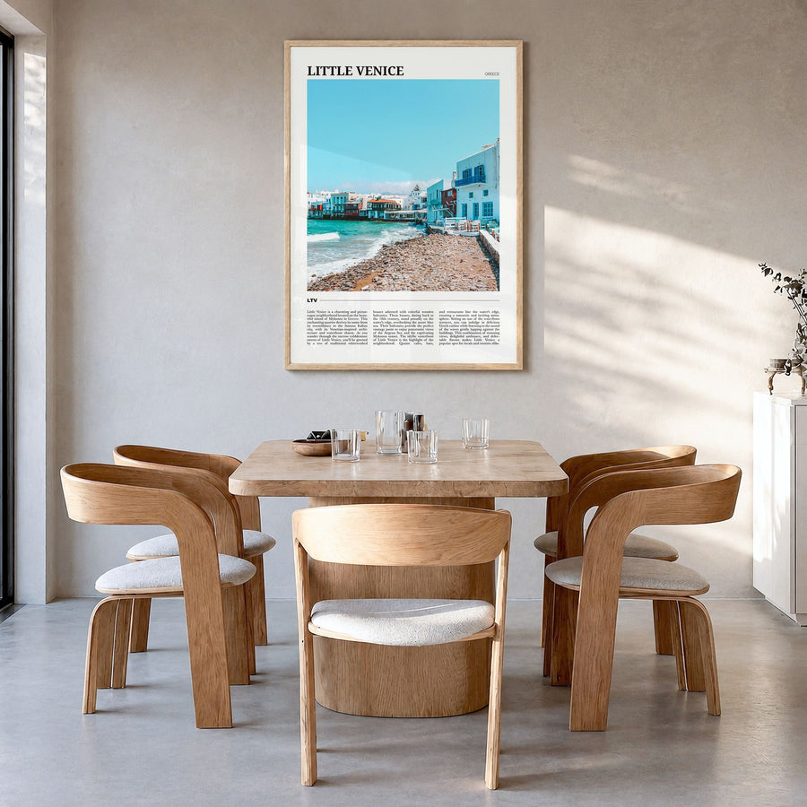 Little Venice, Mykonos Travel Poster in a natural wood frame, hanging in a dining room