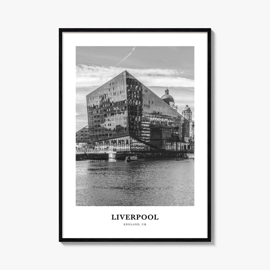 Liverpool black & white classic poster of England, UK – vertical wall art, unframed print shown in interior mockup