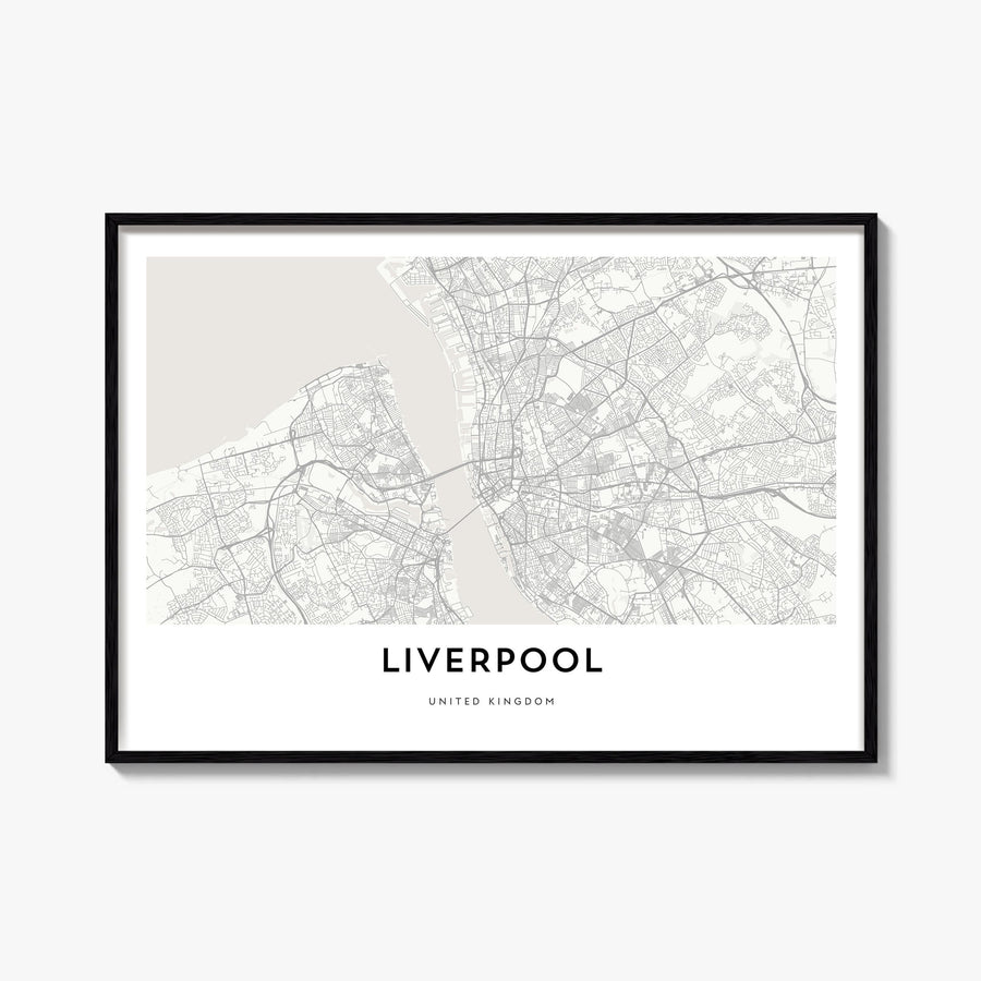 Liverpool black & white map poster of England, UK – horizontal wall art, unframed print shown in interior mockup