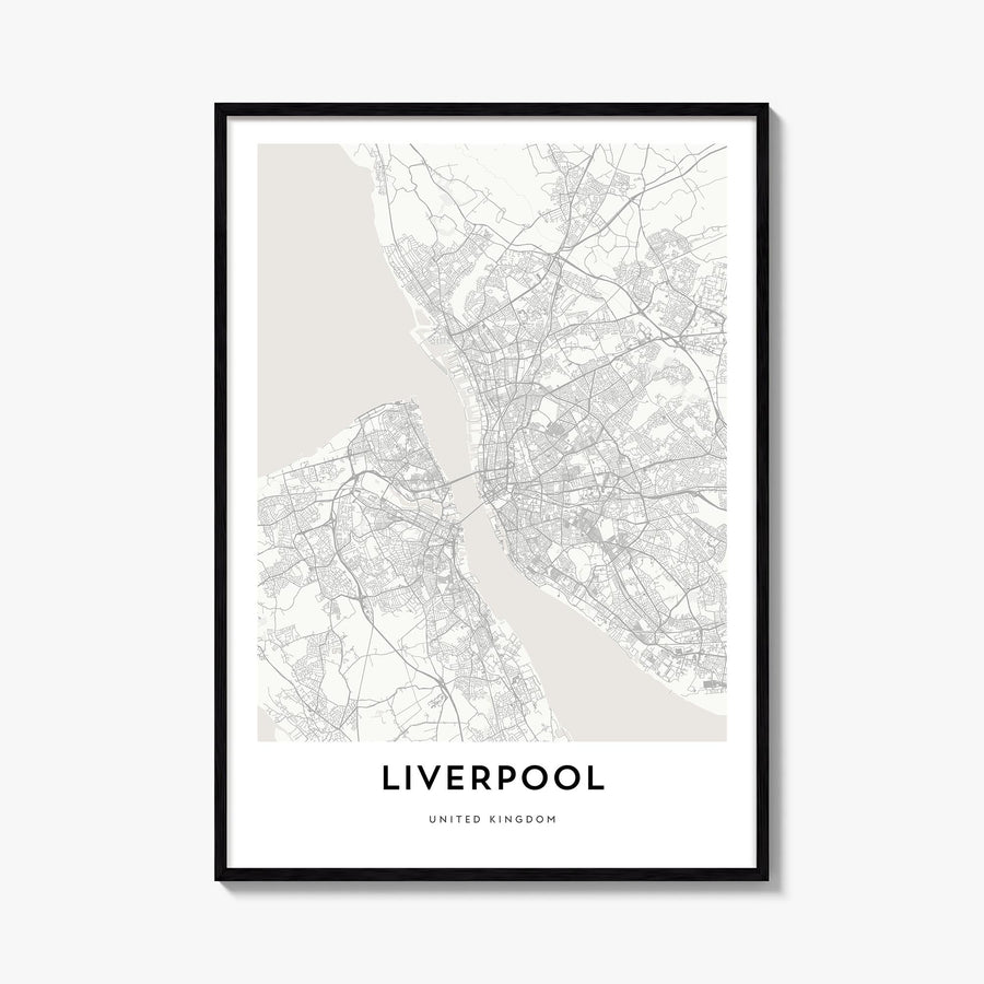 Liverpool black & white map poster of England, UK – vertical wall art, unframed print shown in interior mockup