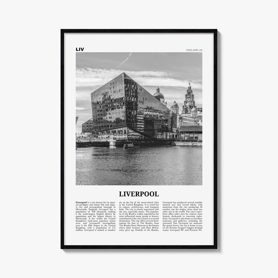 Liverpool black & white newspaper poster of England, UK – vertical wall art, unframed print shown in interior mockup
