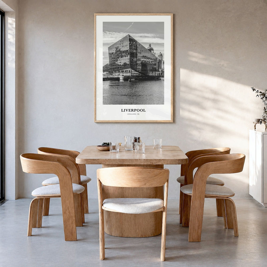 Liverpool Classic Poster in a natural wood frame, hanging in a dining room