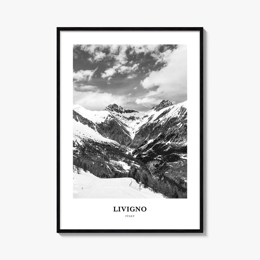 Livigno black & white classic poster of Italy – vertical wall art, unframed print shown in interior mockup