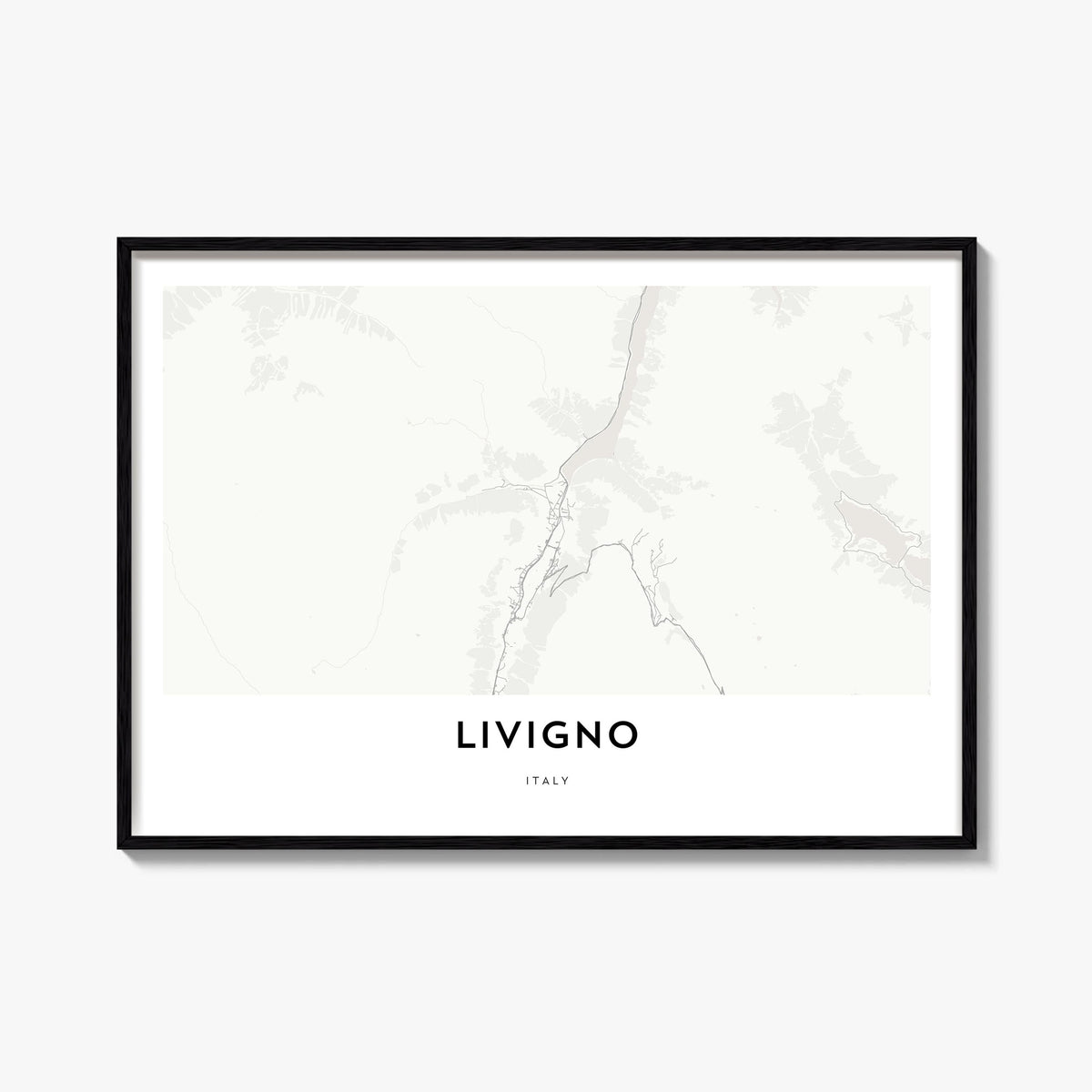 Livigno black & white map poster of Italy – horizontal wall art, unframed print shown in interior mockup