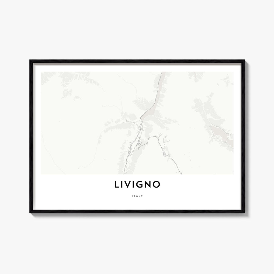 Livigno black & white map poster of Italy – horizontal wall art, unframed print shown in interior mockup