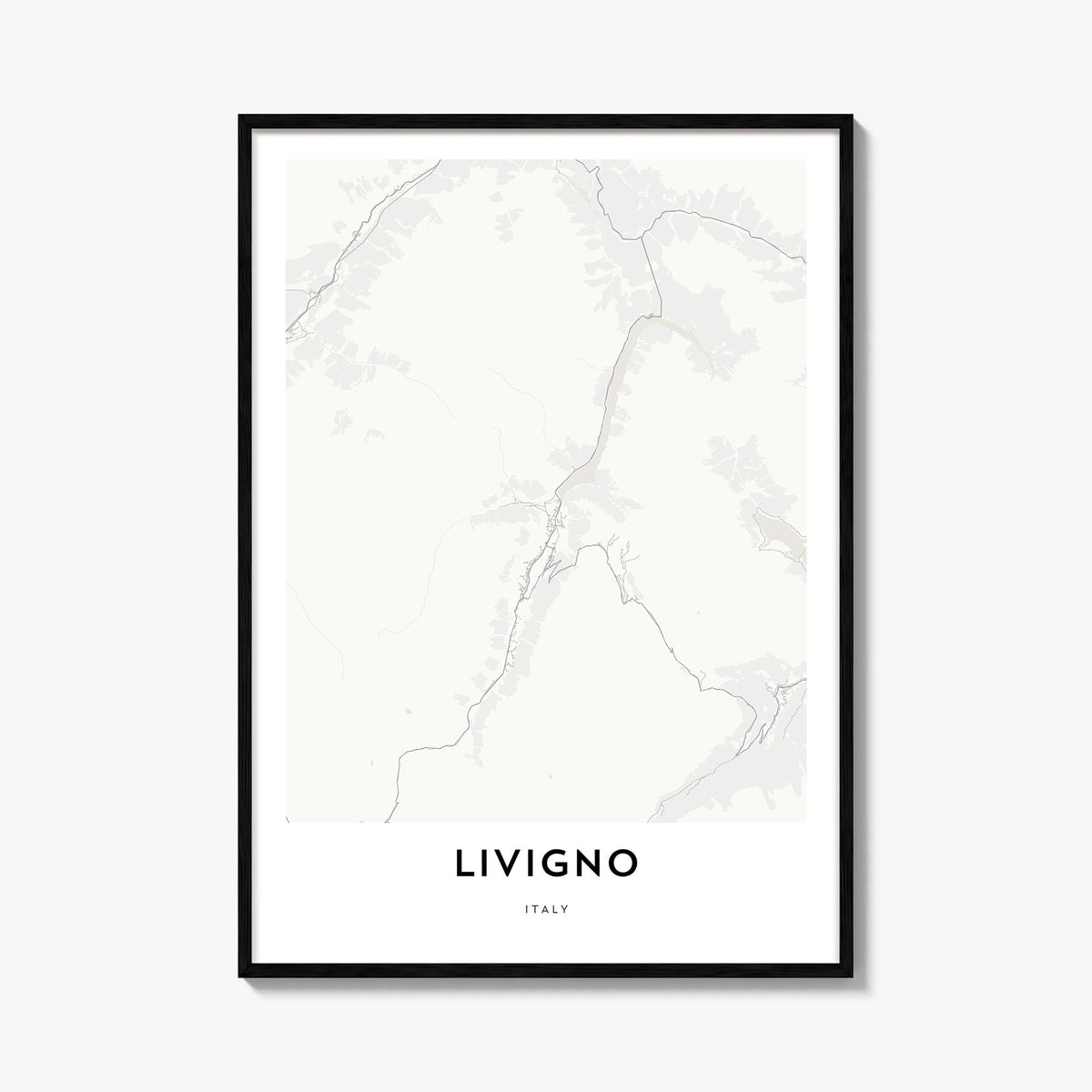 Livigno black & white map poster of Italy – vertical wall art, unframed print shown in interior mockup