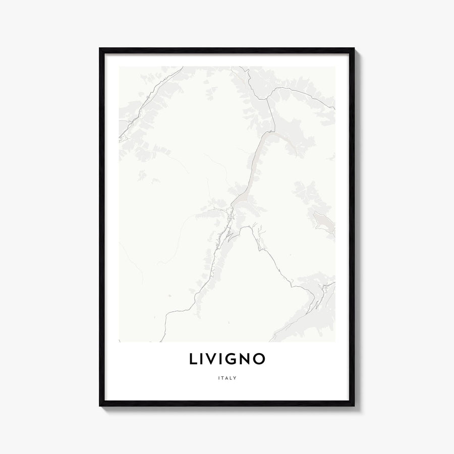 Livigno black & white map poster of Italy – vertical wall art, unframed print shown in interior mockup
