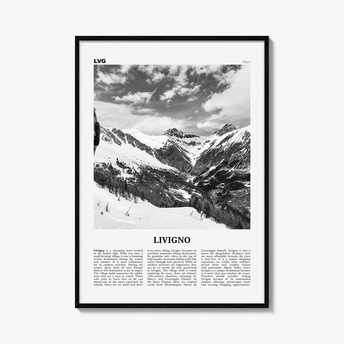 Livigno black & white newspaper poster of Italy – vertical wall art, unframed print shown in interior mockup