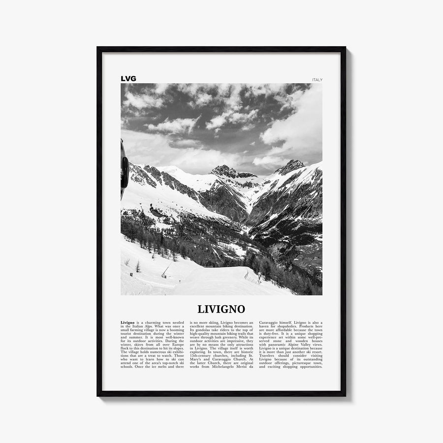 Livigno black & white newspaper poster of Italy – vertical wall art, unframed print shown in interior mockup
