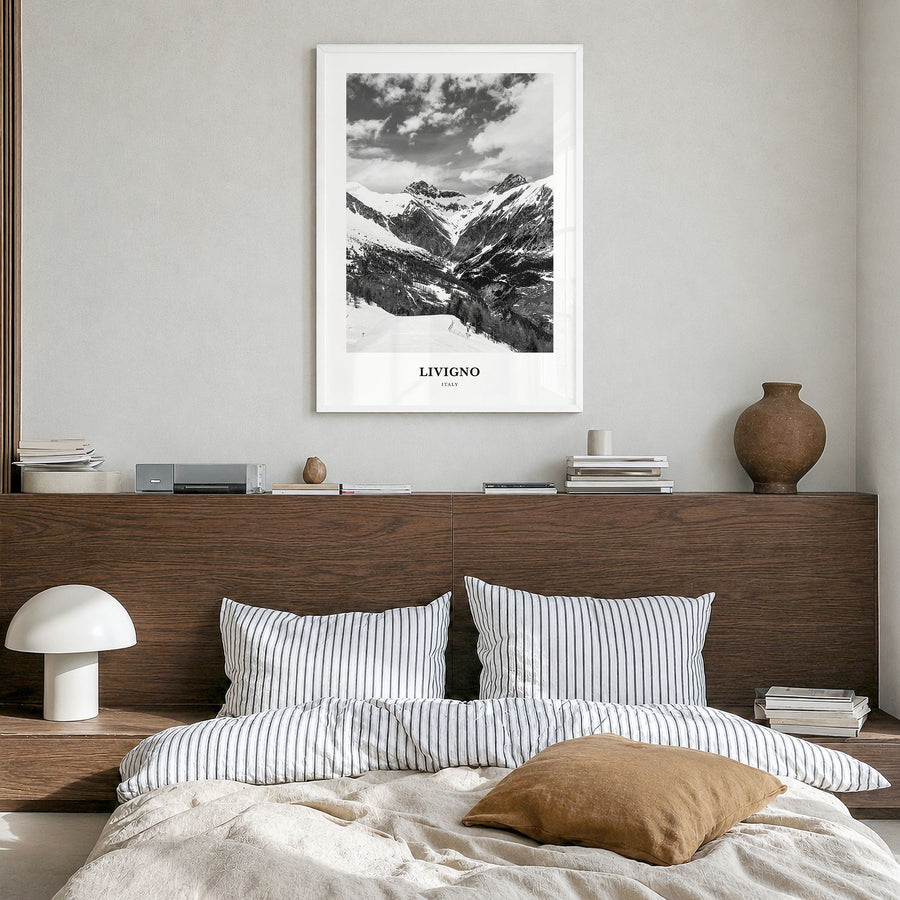 Livigno Classic Poster in a white wood frame, hanging in a bedroom