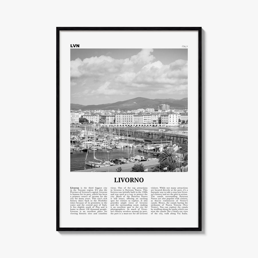 Livorno black & white newspaper poster of Italy – vertical wall art, unframed print shown in interior mockup