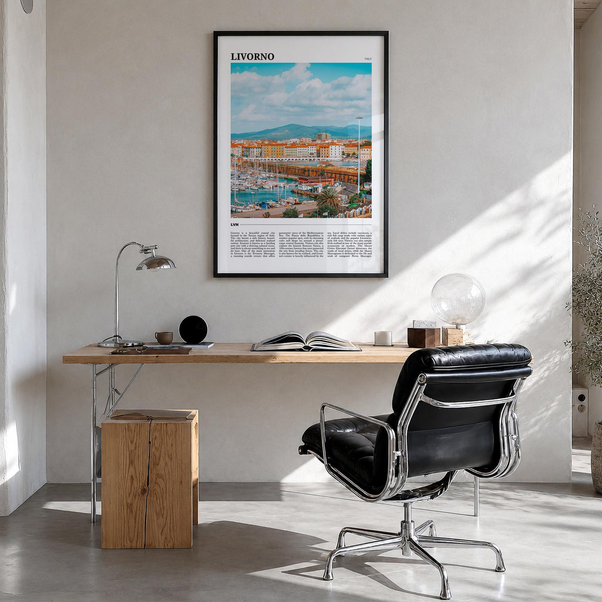 Livorno colorful travel poster of Italy – vertical wall art in black wood frame, hanging on wall