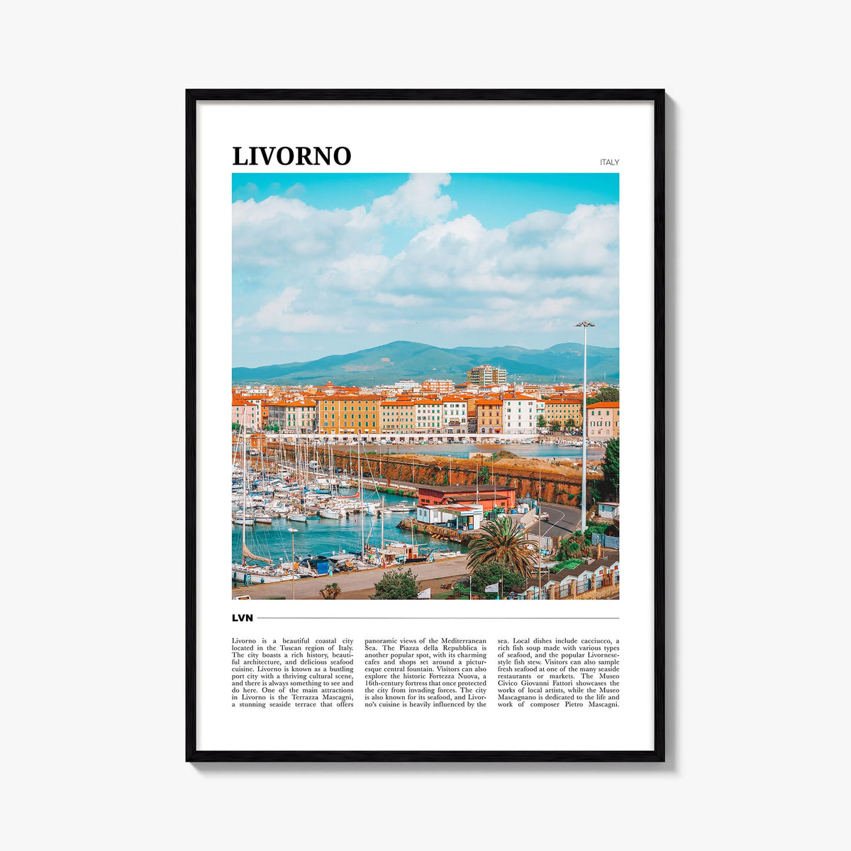 Livorno colorful travel poster of Italy – vertical wall art, unframed print shown in interior mockup
