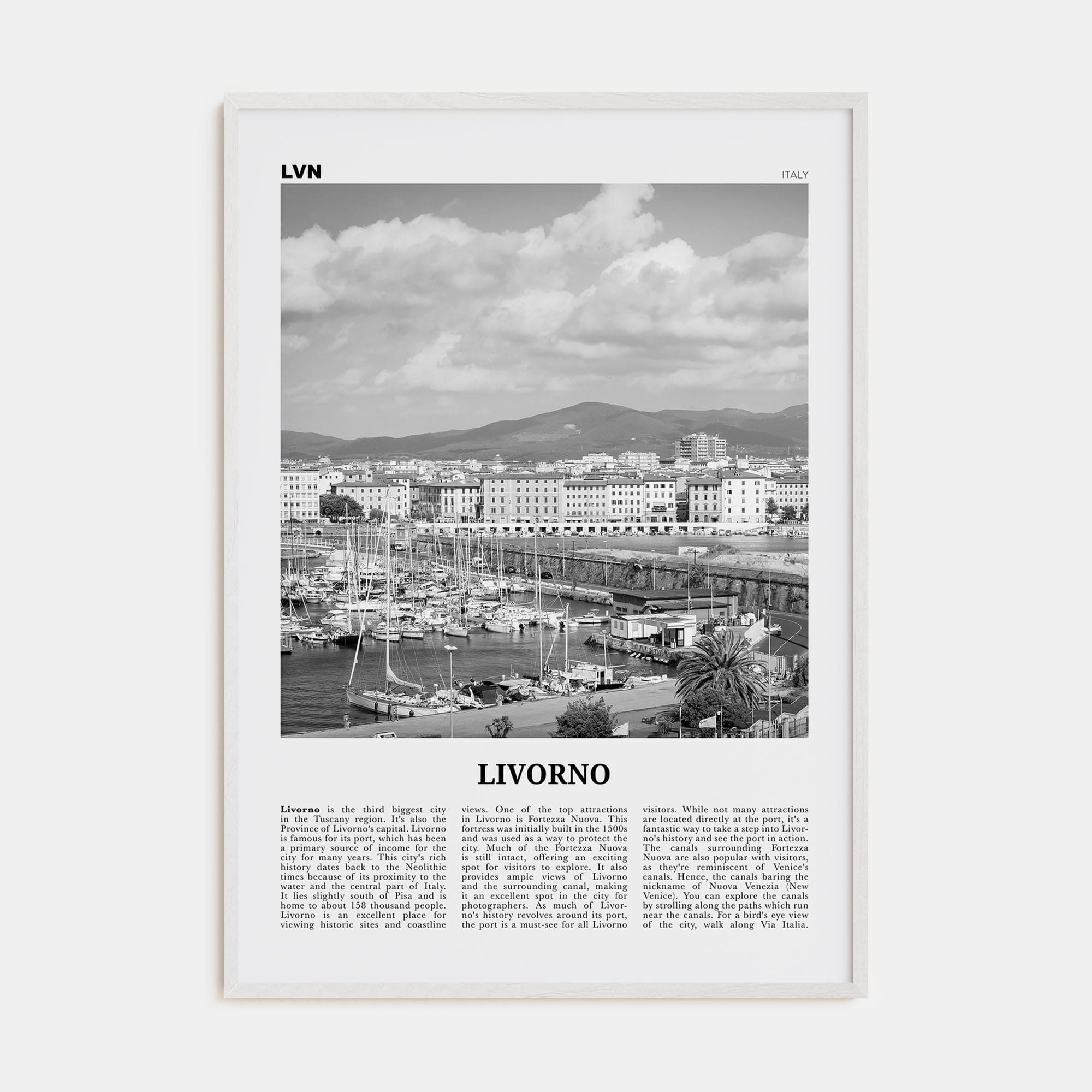 Livorno Poster White Wood / 8x12 in Nbourhood Travel B&W Poster