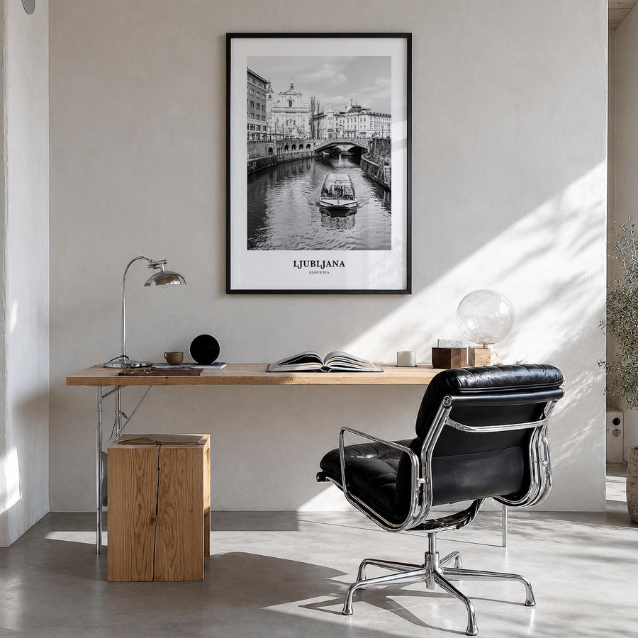 Ljubljana black & white classic poster of Slovenia – vertical wall art in black wood frame, hanging on wall