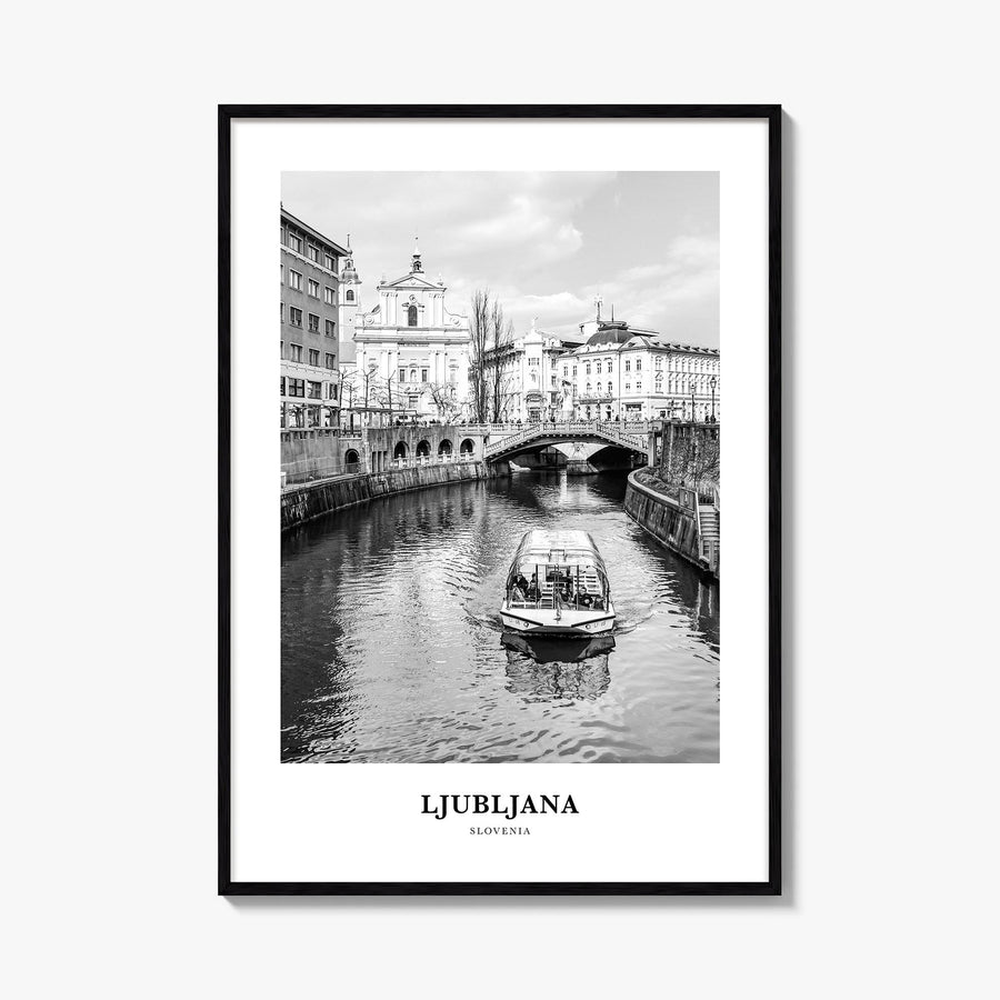 Ljubljana black & white classic poster of Slovenia – vertical wall art, unframed print shown in interior mockup