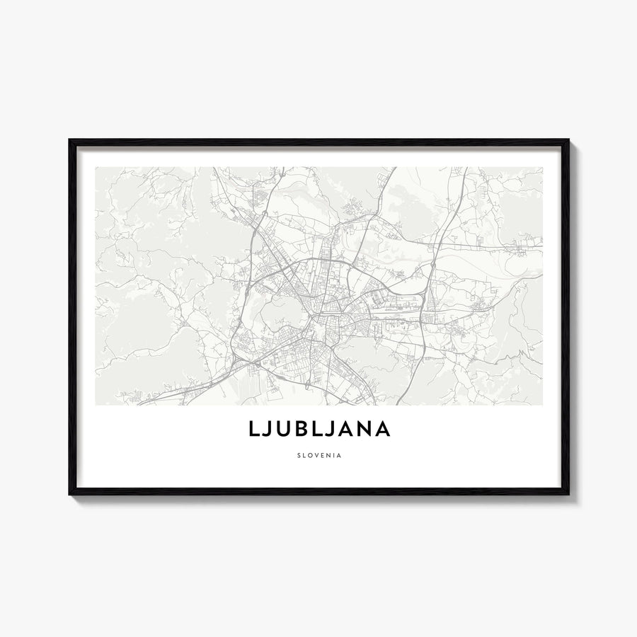 Ljubljana black & white map poster of Slovenia – horizontal wall art, unframed print shown in interior mockup