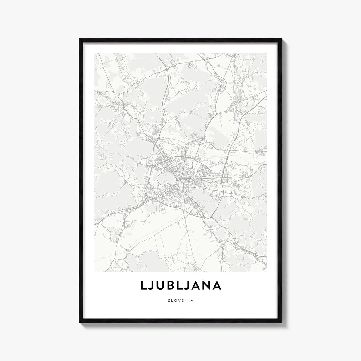 Ljubljana black & white map poster of Slovenia – vertical wall art, unframed print shown in interior mockup