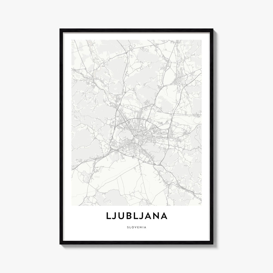 Ljubljana black & white map poster of Slovenia – vertical wall art, unframed print shown in interior mockup