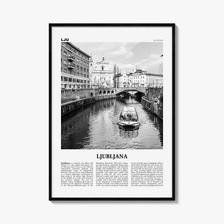 Ljubljana black & white newspaper poster of Slovenia – vertical wall art, unframed print shown in interior mockup