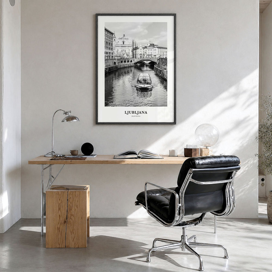 Ljubljana Classic Poster in a black wood frame, hanging in a bright home office