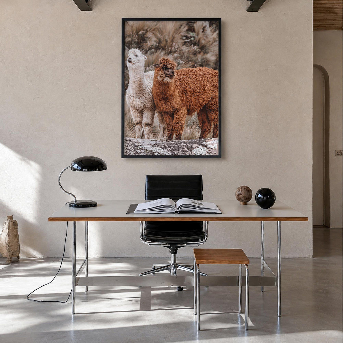 Llama colorful photo poster – vertical wall art in black wood frame, hanging on wall