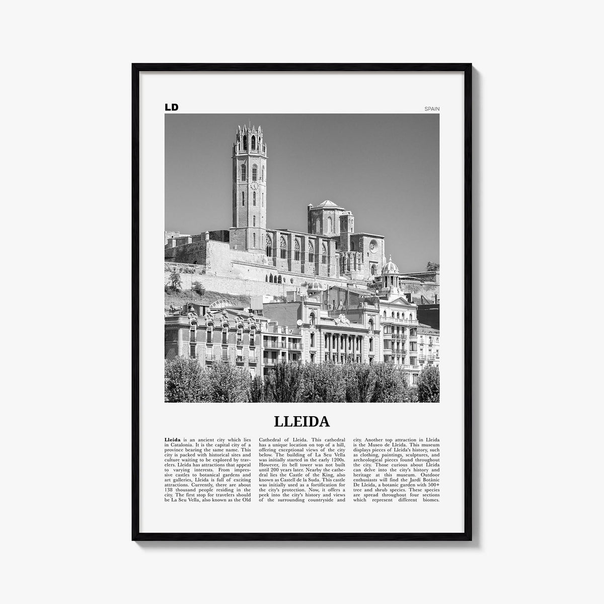 Lleida black & white newspaper poster of Spain – vertical wall art, unframed print shown in interior mockup