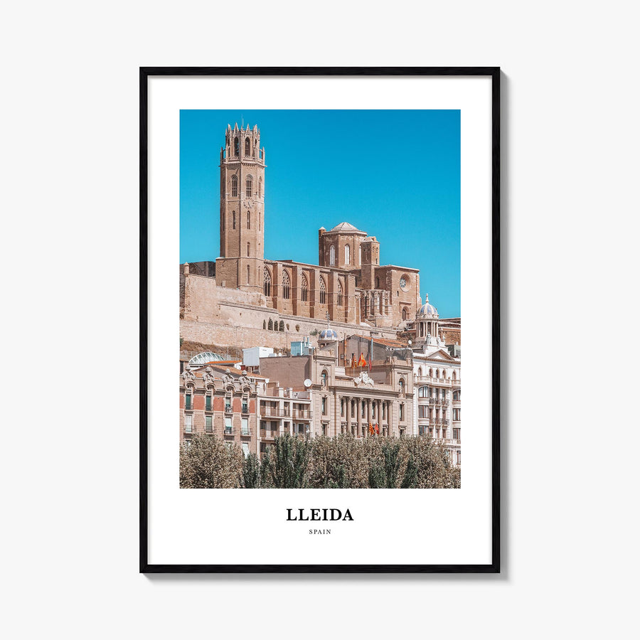 Lleida colorful classic poster of Spain – vertical wall art, unframed print shown in interior mockup