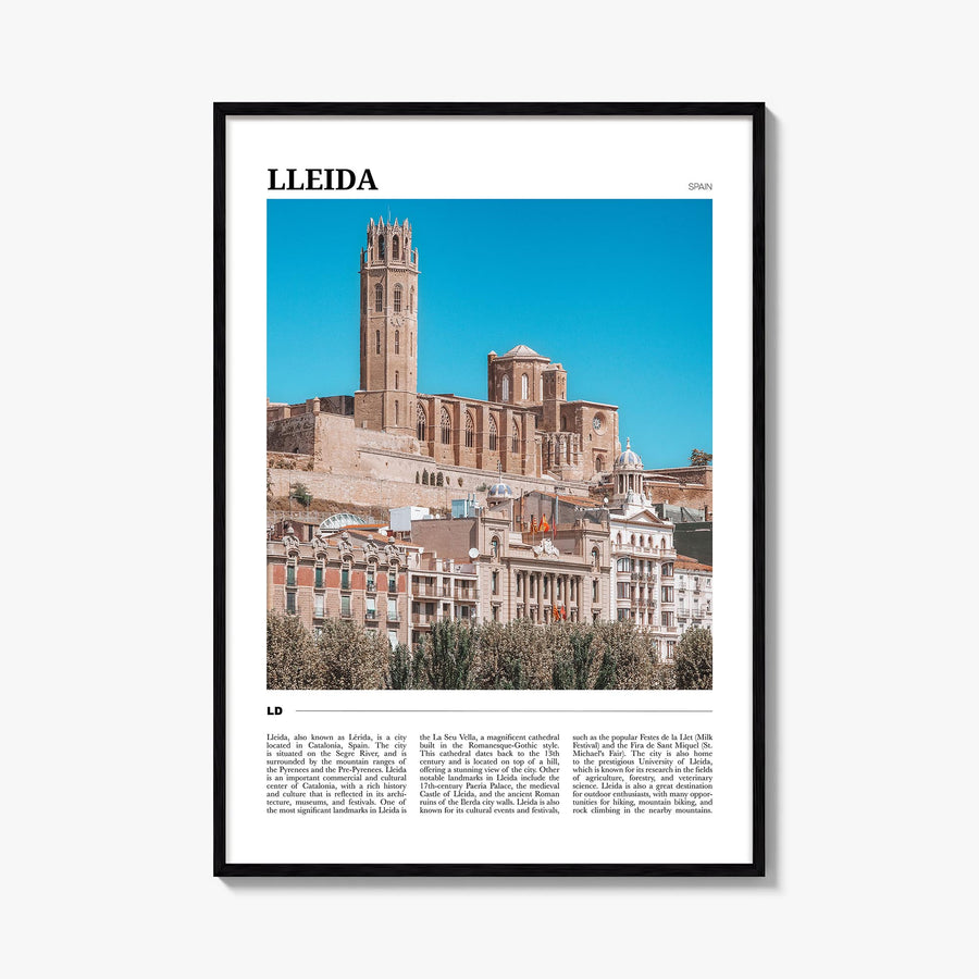 Lleida colorful travel poster of Spain – vertical wall art, unframed print shown in interior mockup