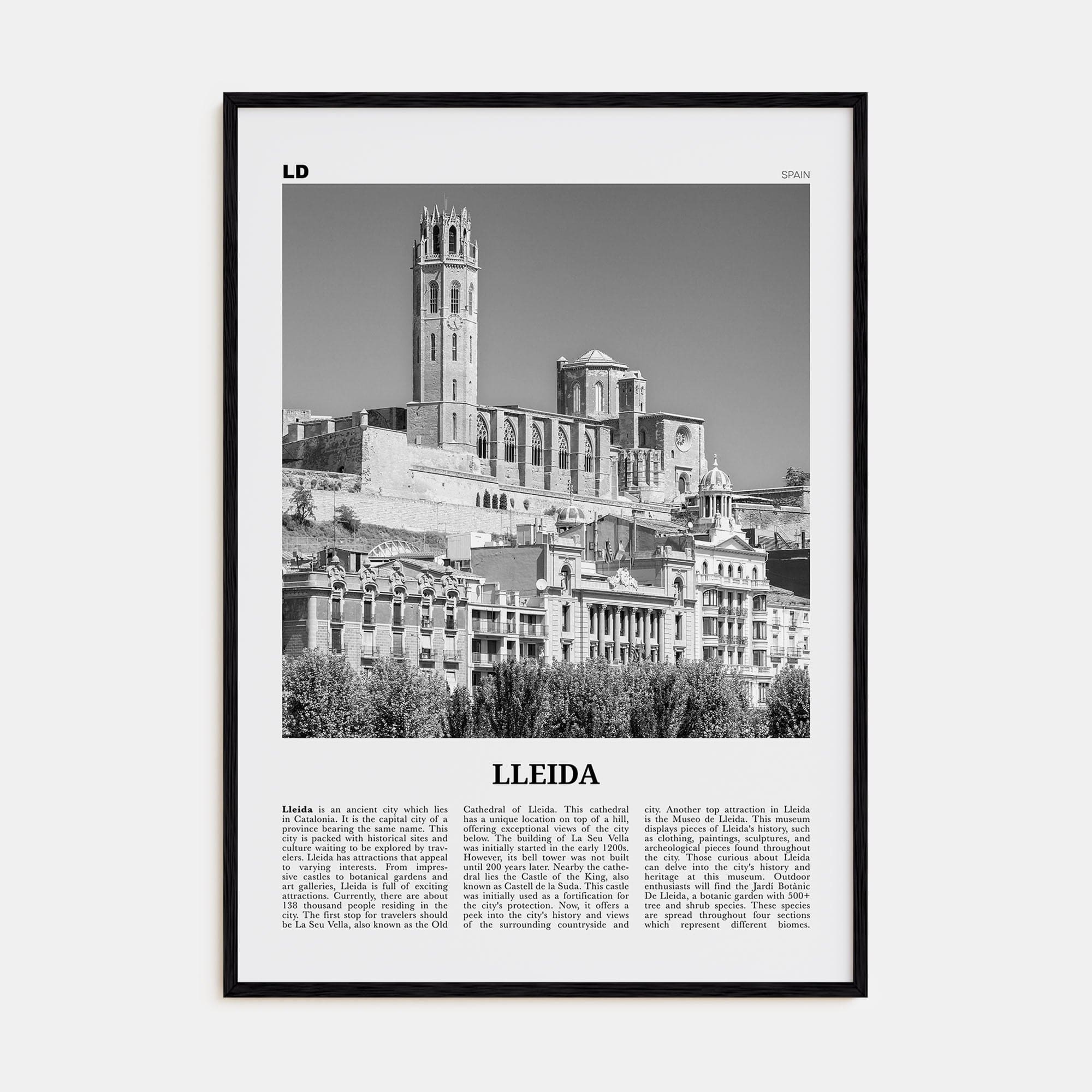 Lleida Poster Black Wood / 8x12 in Nbourhood Travel B&W Poster