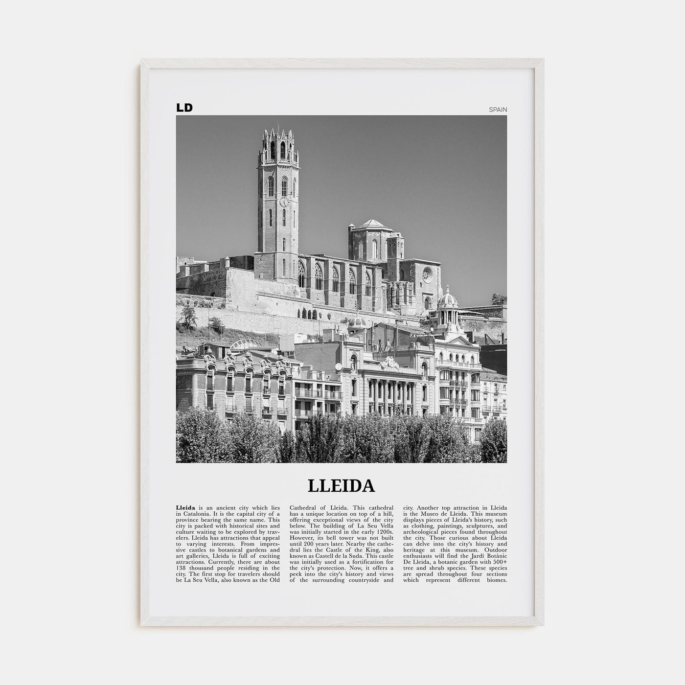 Lleida Poster White Wood / 8x12 in Nbourhood Travel B&W Poster